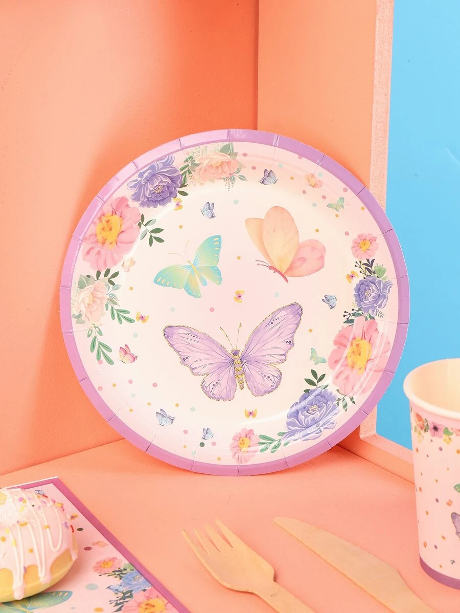 24pcs Butterfly Pattern Disposable Plate - Multicolor - View 1
