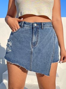 SHEIN Essnce Skort mezclilla desgarro bajo crudo - Azul lavado medio - Ver 1