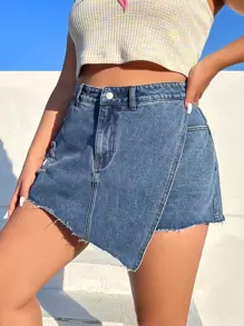 SHEIN Essnce Skort mezclilla desgarro bajo crudo - Azul lavado medio - Ver 3