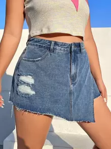 SHEIN Essnce Skort mezclilla desgarro bajo crudo - Azul lavado medio - Ver 4