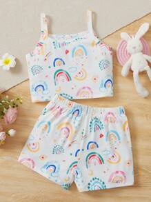 SHEIN Girls Rainbow & Heart Print PJ Set - Multicolor - View 1