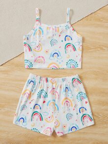 SHEIN Girls Rainbow & Heart Print PJ Set - Multicolor - View 2