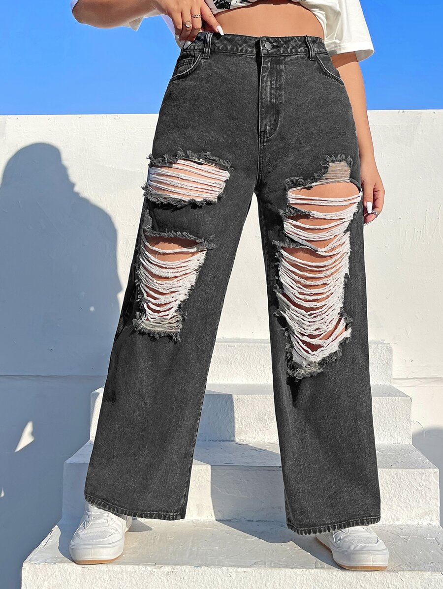 SHEIN EZwear 大碼破洞闊腿牛仔褲 - 深灰色 - 查看 1