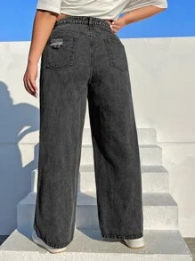 SHEIN EZwear 大碼破洞闊腿牛仔褲 - 深灰色 - 查看 2