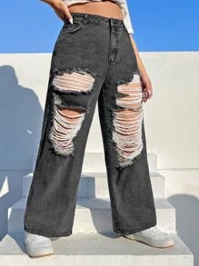 SHEIN EZwear 大碼破洞闊腿牛仔褲 - 深灰色 - 查看 4