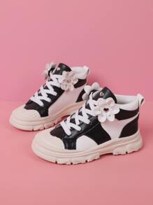 Girls Colorblock Flower Decor Lace-up Front Sneakers - Black and White - View 1