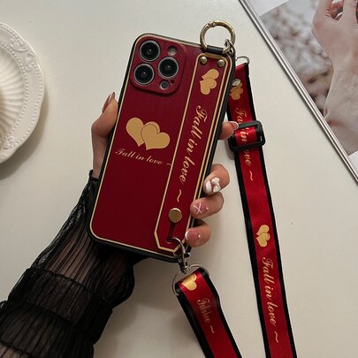 Heart Pattern Phone Case With Lanyard