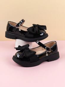 黑色瑪麗珍平底鞋女孩蝴蝶結裝飾平底鞋