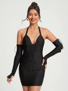 FURNANDA 前繫帶繞頸露背緊身連衣裙帶袖子 - 黑色 - 查看 1