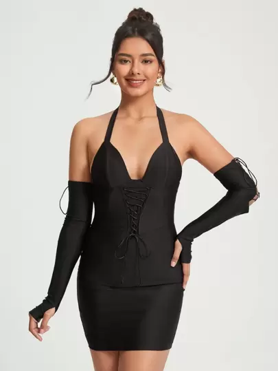 FURNANDA 前繫帶繞頸露背緊身連衣裙帶袖子