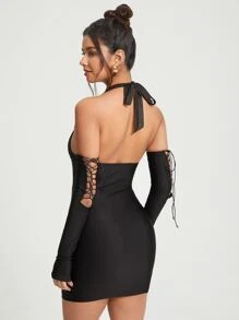 FURNANDA 前繫帶繞頸露背緊身連衣裙帶袖子 - 黑色 - 查看 2