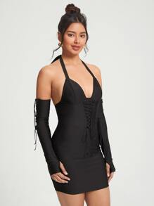 FURNANDA 前繫帶繞頸露背緊身連衣裙帶袖子 - 黑色 - 查看 5