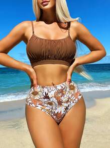 SHEIN Swim 花卉印花褶皺胸部夏季沙灘比基尼套裝 - 彩色 - 查看 1