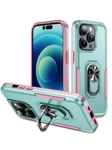 Color Block Phone Case With Magnetic Ring Holder - Multicolor - View 1