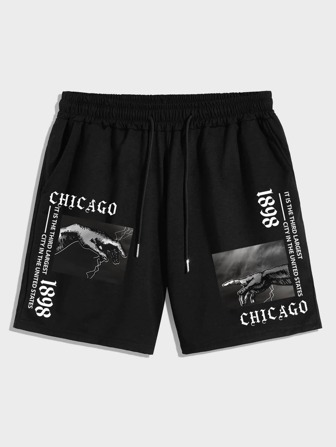 Guys Hand & Slogan Graphic Drawstring Waist Shorts