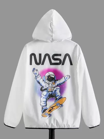 SHEIN Chicos Cazadora con estampado de astronauta y letra unido en contraste con capucha