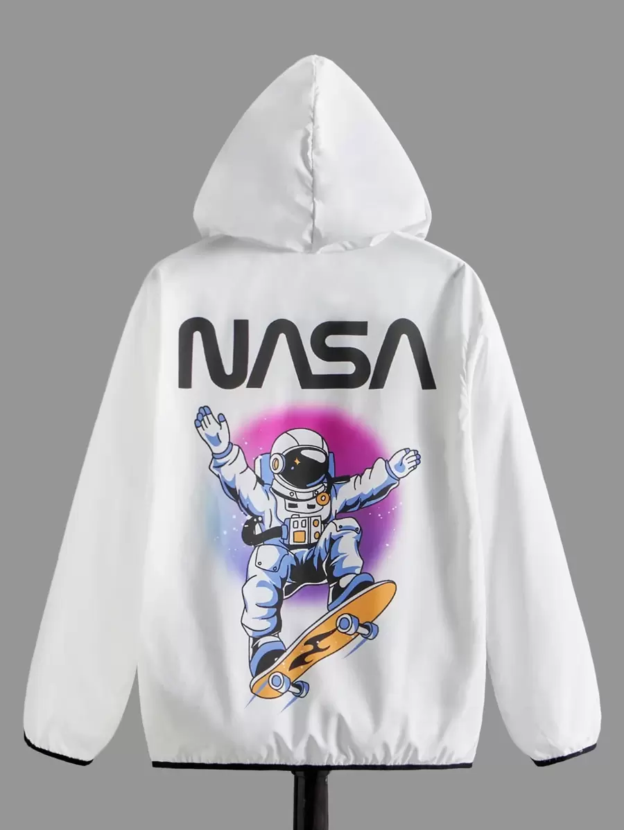SHEIN Boys Astronaut & Letter Graphic Contrast Binding Hooded Jacket - White - View 1