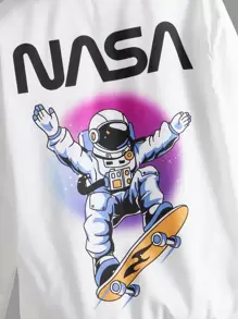 SHEIN Boys Astronaut & Letter Graphic Contrast Binding Hooded Jacket - White - View 4