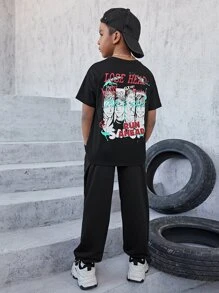 SHEIN Bộ hai mảnh Trai Dây kéo Túi Con số Lá thư Giải trí - màu đen - Xem 1