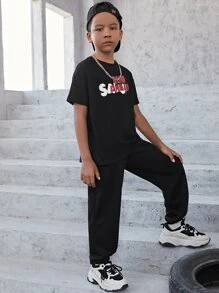 SHEIN Bộ hai mảnh Trai Dây kéo Túi Con số Lá thư Giải trí - màu đen - Xem 8