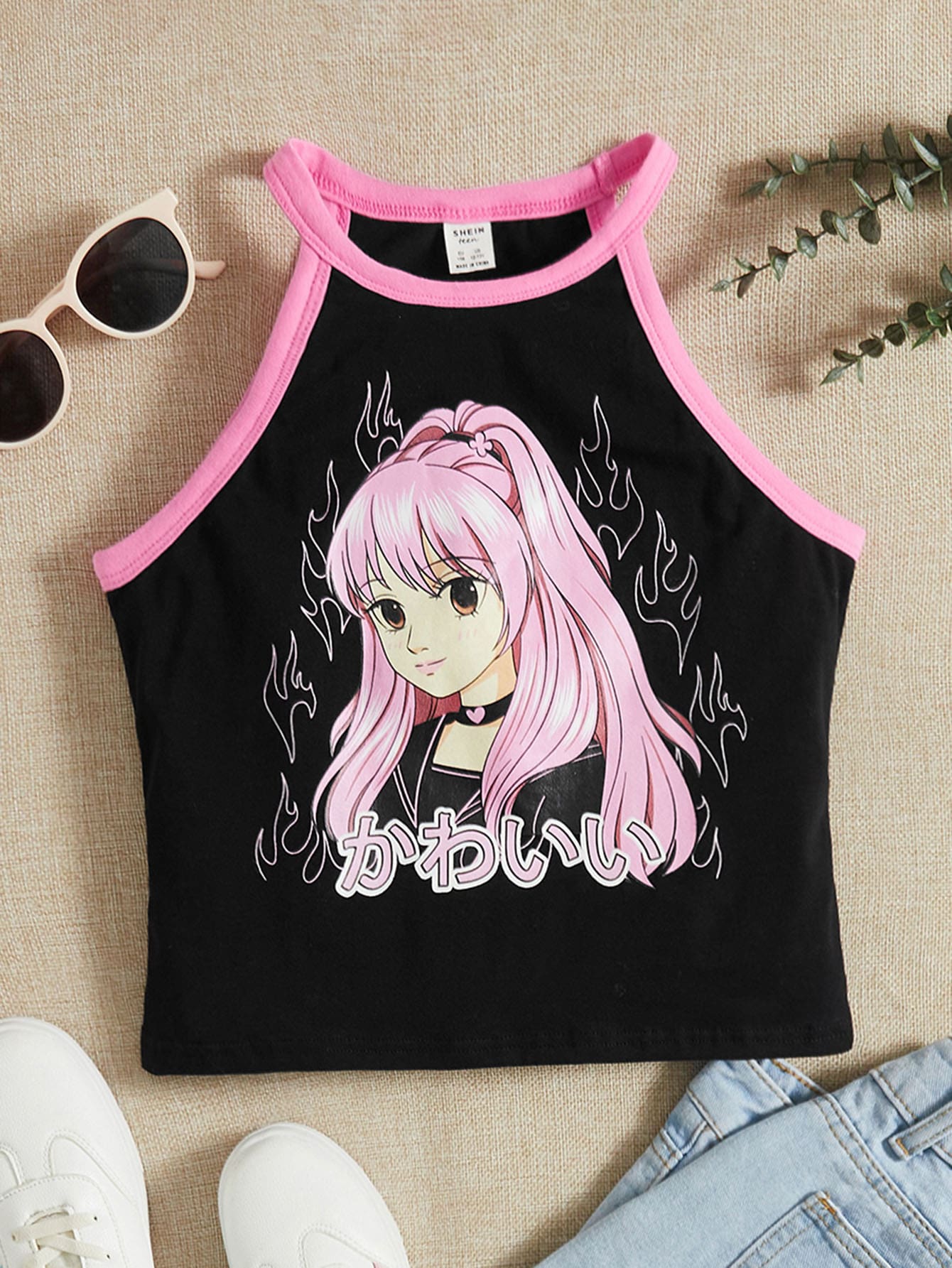 SHEIN 青少年女孩人像圖案撞色滾邊掛脖上衣 - 黑色 - 查看 1