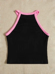 SHEIN 青少年女孩人像圖案撞色滾邊掛脖上衣 - 黑色 - 查看 2