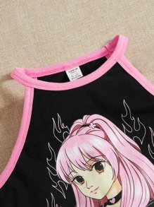 SHEIN 青少年女孩人像圖案撞色滾邊掛脖上衣 - 黑色 - 查看 4