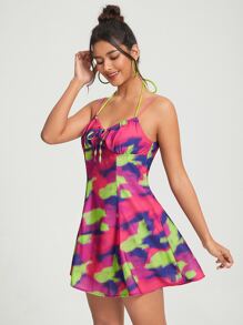 Going Global 紮染前打結胸部褶皺吊帶連衣裙 - 彩色 - 查看 5