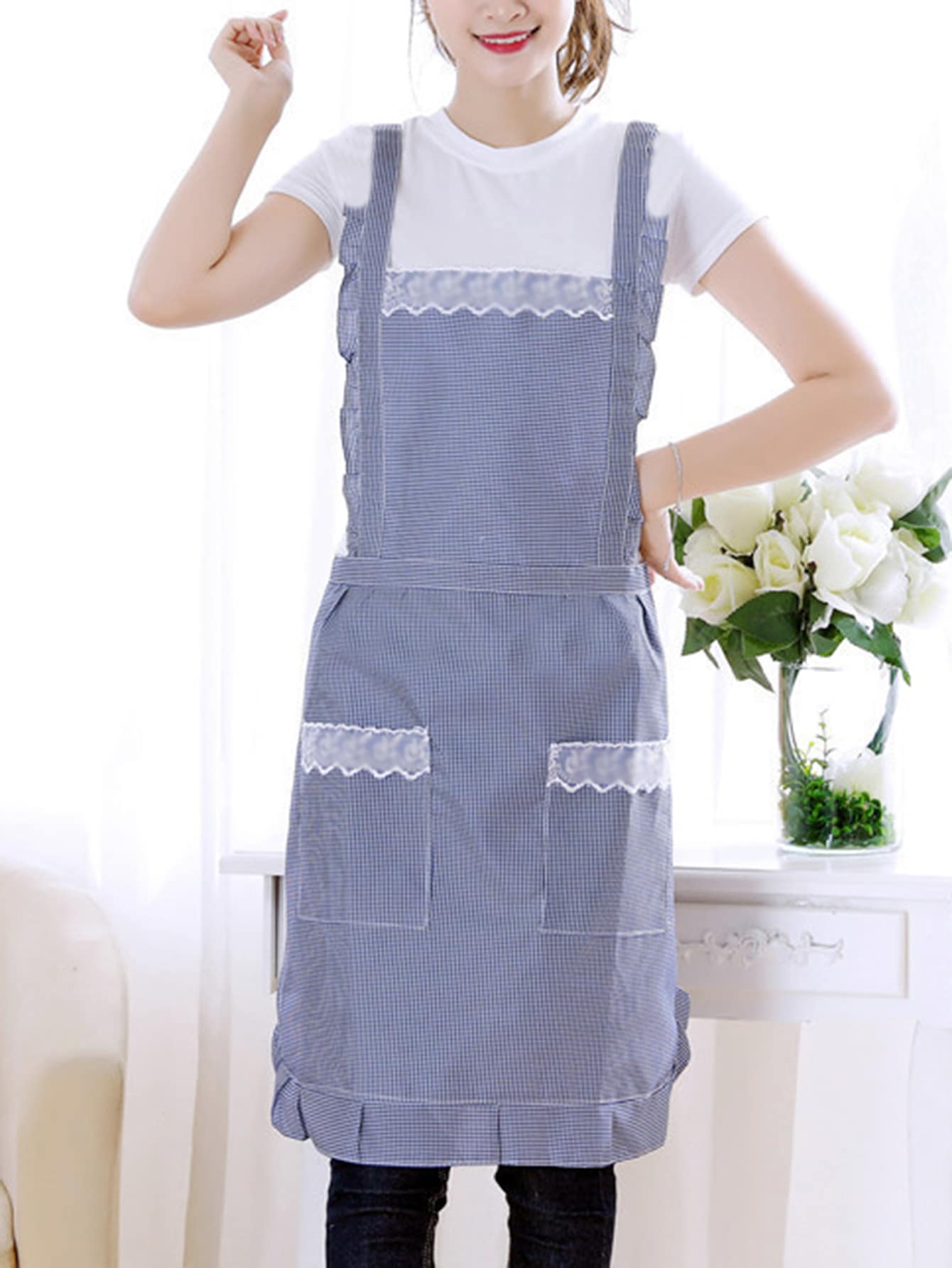 Stain Resistant Gingham Lace Panel Apron, Cooking & Baking Supplies - Blue - View 1