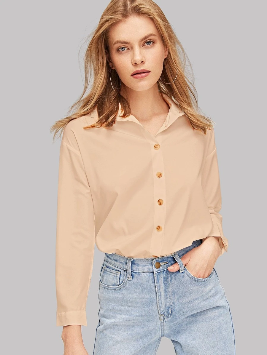 SHEIN Essnce Solid Button Up Curved Hem Shirt - Khaki - View 1