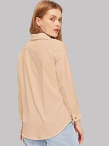 SHEIN Essnce Solid Button Up Curved Hem Shirt - Khaki - View 2
