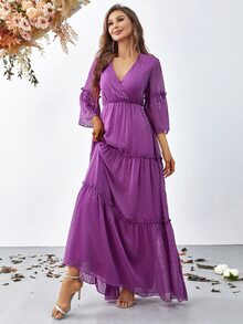 Swiss Dot Flounce Sleeve Ruffle Hem Chiffon Dress