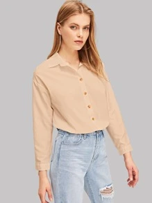 SHEIN Essnce Solid Button Up Curved Hem Shirt - Khaki - View 3