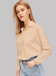 SHEIN Essnce Solid Button Up Curved Hem Shirt - Khaki - View 4