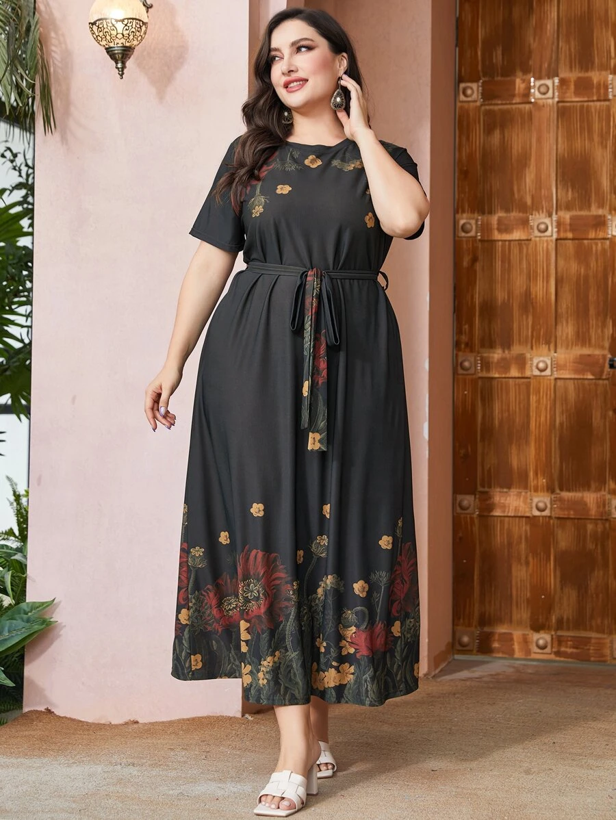 Mulvari 大碼印花繫腰帶連衣裙 - 黑色 - 查看 1