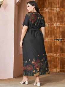 Mulvari 大碼印花繫腰帶連衣裙 - 黑色 - 查看 2