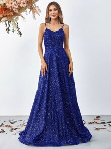 亮片裝飾及地吊帶正式連衣裙