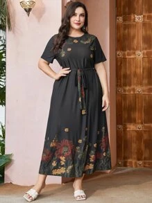 Mulvari 大碼印花繫腰帶連衣裙 - 黑色 - 查看 4