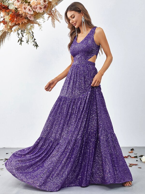 Cut Out Waist Ruffle Hem Sequin Dress SHEIN USA