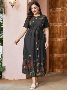 Mulvari 大碼印花繫腰帶連衣裙 - 黑色 - 查看 5