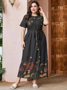 Mulvari 大碼印花繫腰帶連衣裙 - 黑色 - 查看 6