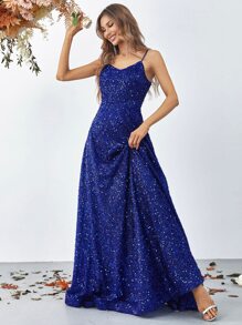 亮片裝飾及地吊帶正式連衣裙