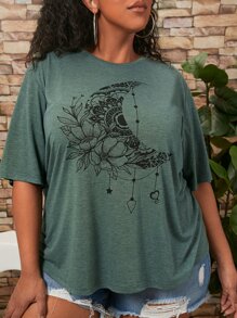 SHEIN CURVE+ 大碼印花落肩T恤 - 綠色 - 查看 5