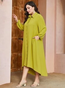 Mulvari 大碼燈籠袖高低下擺襯衫洋裝