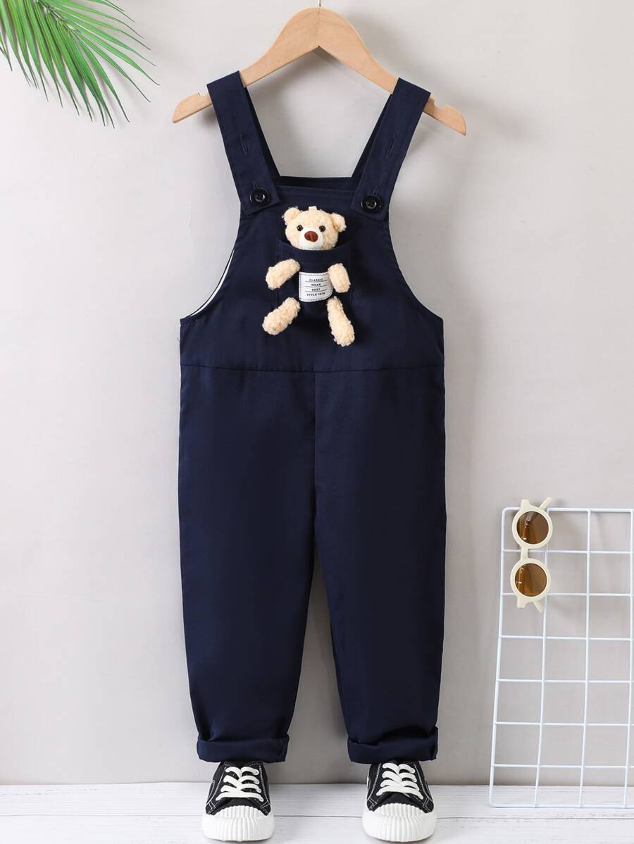 SHEIN 男小童海軍藍字母和可愛熊圖案連身短褲帶寬背帶適合夏天