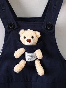 SHEIN 男小童海軍藍字母和可愛熊圖案連身短褲帶寬背帶適合夏天