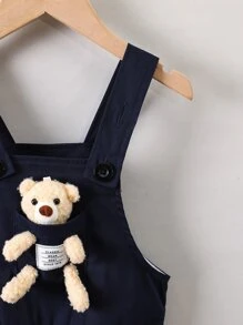 SHEIN 男小童海軍藍字母和可愛熊圖案連身短褲帶寬背帶適合夏天