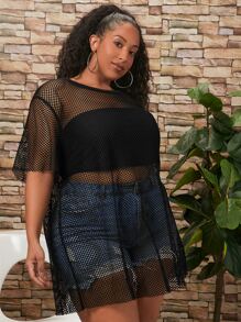 SHEIN CURVE+ Top unicolor de malla transparente sin bandeau - Negro - Ver 4