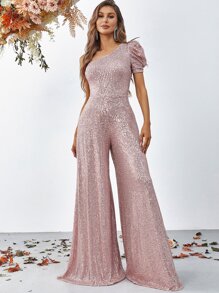 Puff Sleeve Wide Leg Sequins Jumpsuit - Pink - View 1