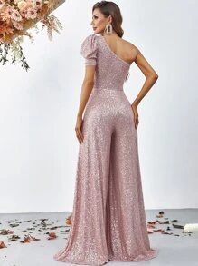 Puff Sleeve Wide Leg Sequins Jumpsuit - Pink - View 2